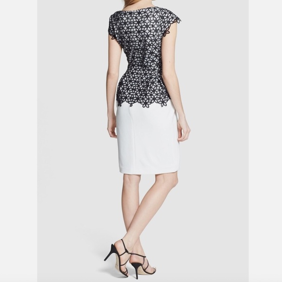 Adrianna Papell Caged Lace Overlay Dress Short Sleeve Peplum Black White Size 6 - Picture 2 of 9